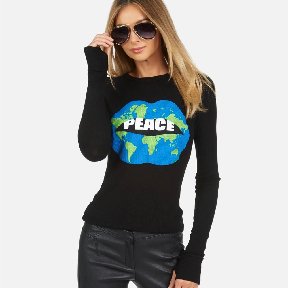 Lauren Moshi Black Long Sleeve Top with Peace Graphic